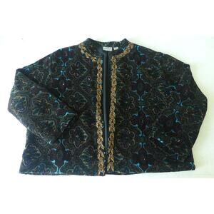 Chicos Velvet Beaded Jacket Size 3 XL Lined Gold Trim Moody Gothic Glam Textured